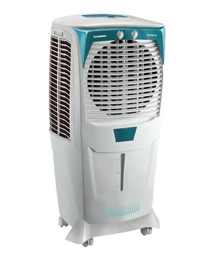 Crompton Ozone Desert Air Cooler- 75L; with Everlast Pump, Auto Fill, 4-Way Air Deflection and High Density Honeycomb Pads; White & Teal