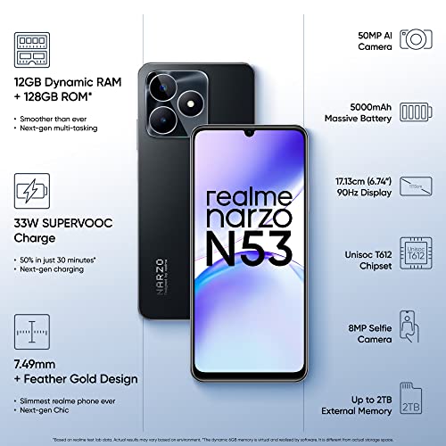 realme narzo N53 (Feather Black, 8GB+128GB) 33W Segment Fastest Charging | Slimmest Phone in Segment | 90 Hz Smooth Display - Image 2